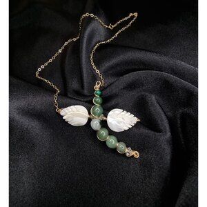 Vintage 14K Gold Filled Jade & Mother Of Pearl Dragonfly Pendant Necklace 16" El